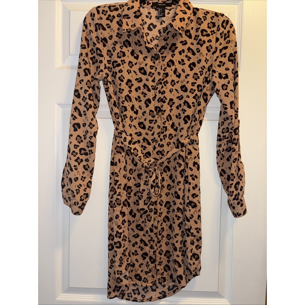 Forever 21 Leopard Print Button Down Shirt Dress Women's S Animal Brown Retro